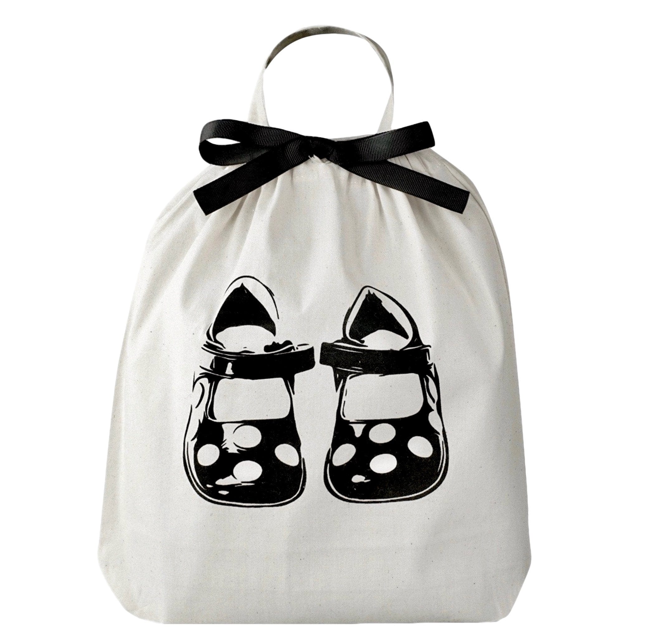 Bag-all Children Shoe Bag in cream cotton with black ribbon and polka dot shoe print design, perfect for organizing kids footwear and storage