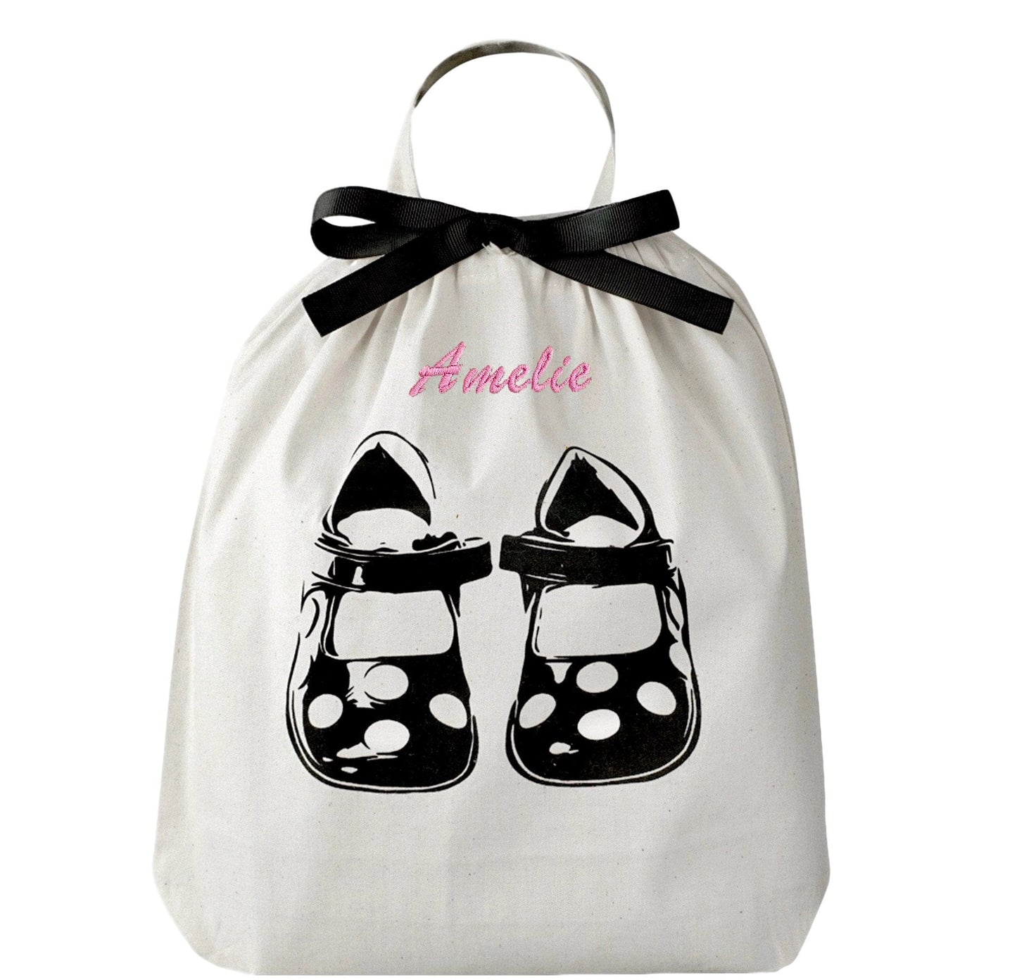 Bag-all Children Shoe Bag in cream cotton featuring black polka dot shoe design, decorative black bow, and hanging loop - perfect storage solution for kids footwear
