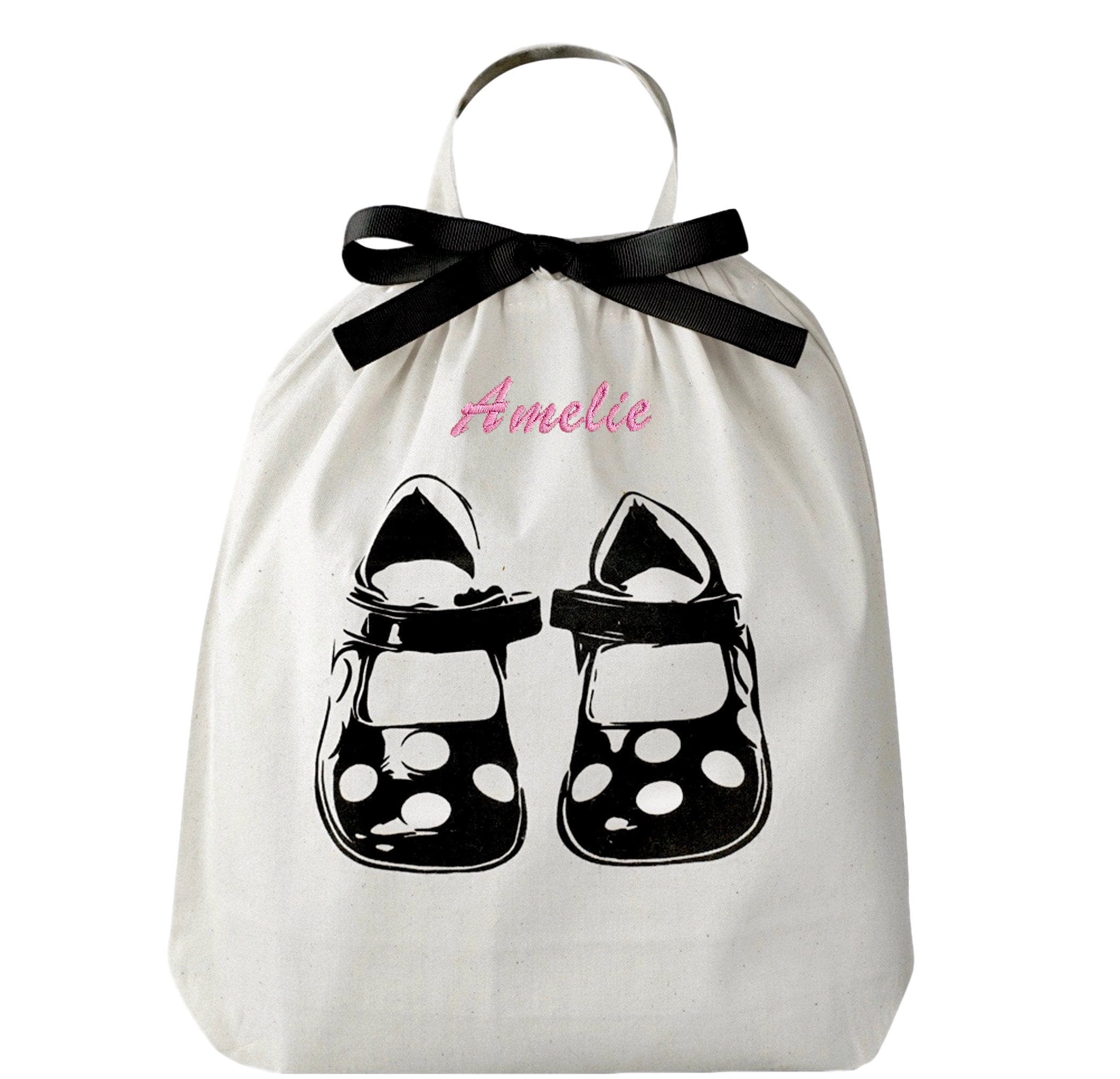 Bag-all Children Shoe Bag in cream cotton featuring black polka dot shoe design, decorative black bow, and hanging loop - perfect storage solution for kids footwear