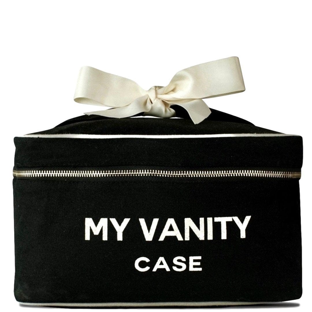 Bag-all My Vanity Large Beauty Box in black canvas with cream ribbon, silver zipper, and waterproof striped lining for organizing cosmetics and toiletries