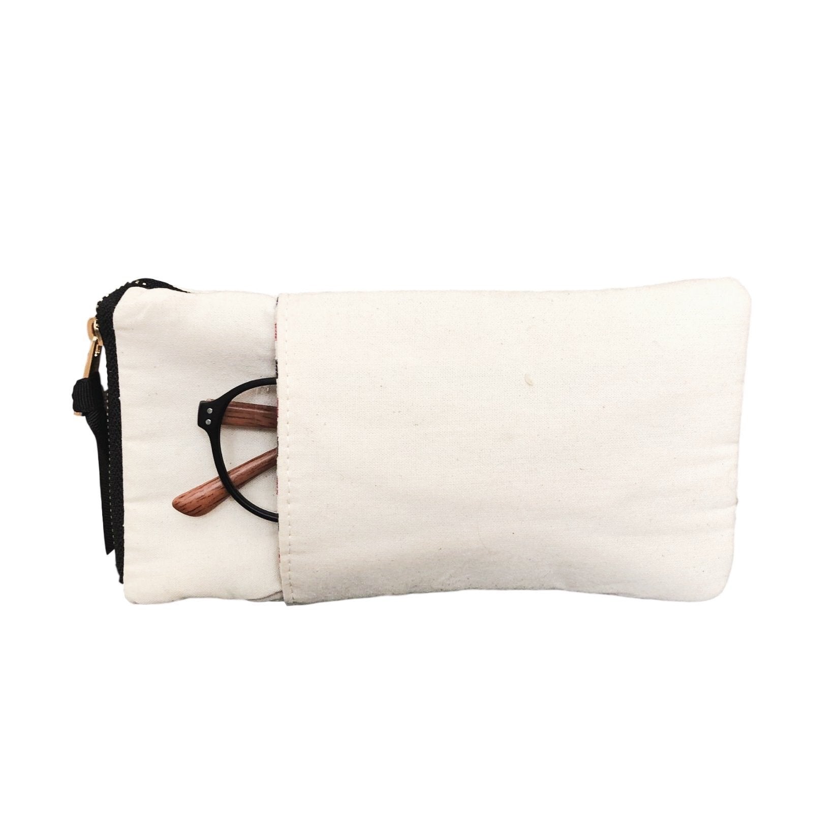 Bag-all Glasses Case with Outside Pocket in Cream - Stylish cotton protective eyewear holder with convenient external storage pocket for accessories, featuring black zipper closure