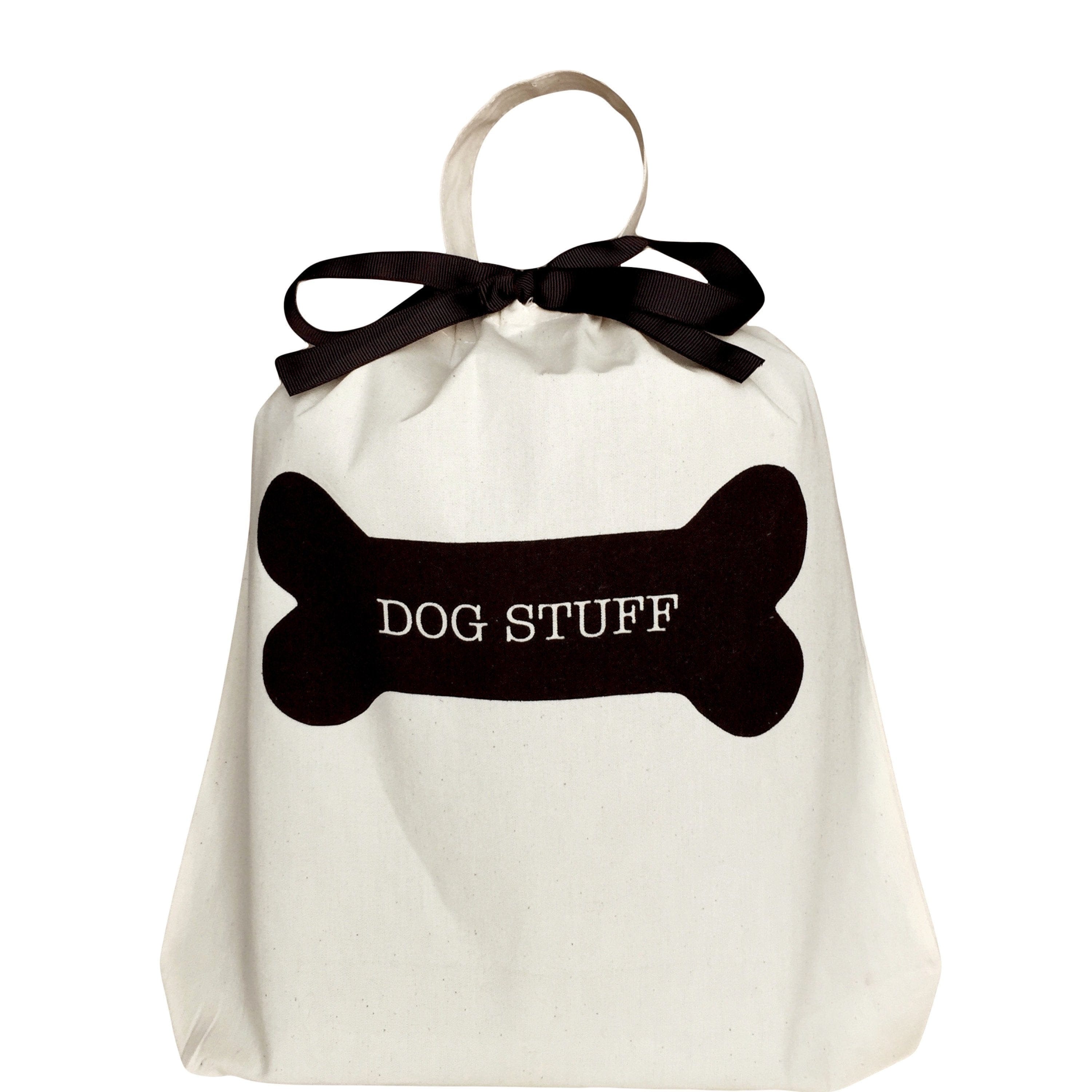 Bag-all Dog Stuff Bag in cream cotton with black bone design and ribbon, perfect for organizing pet accessories and supplies