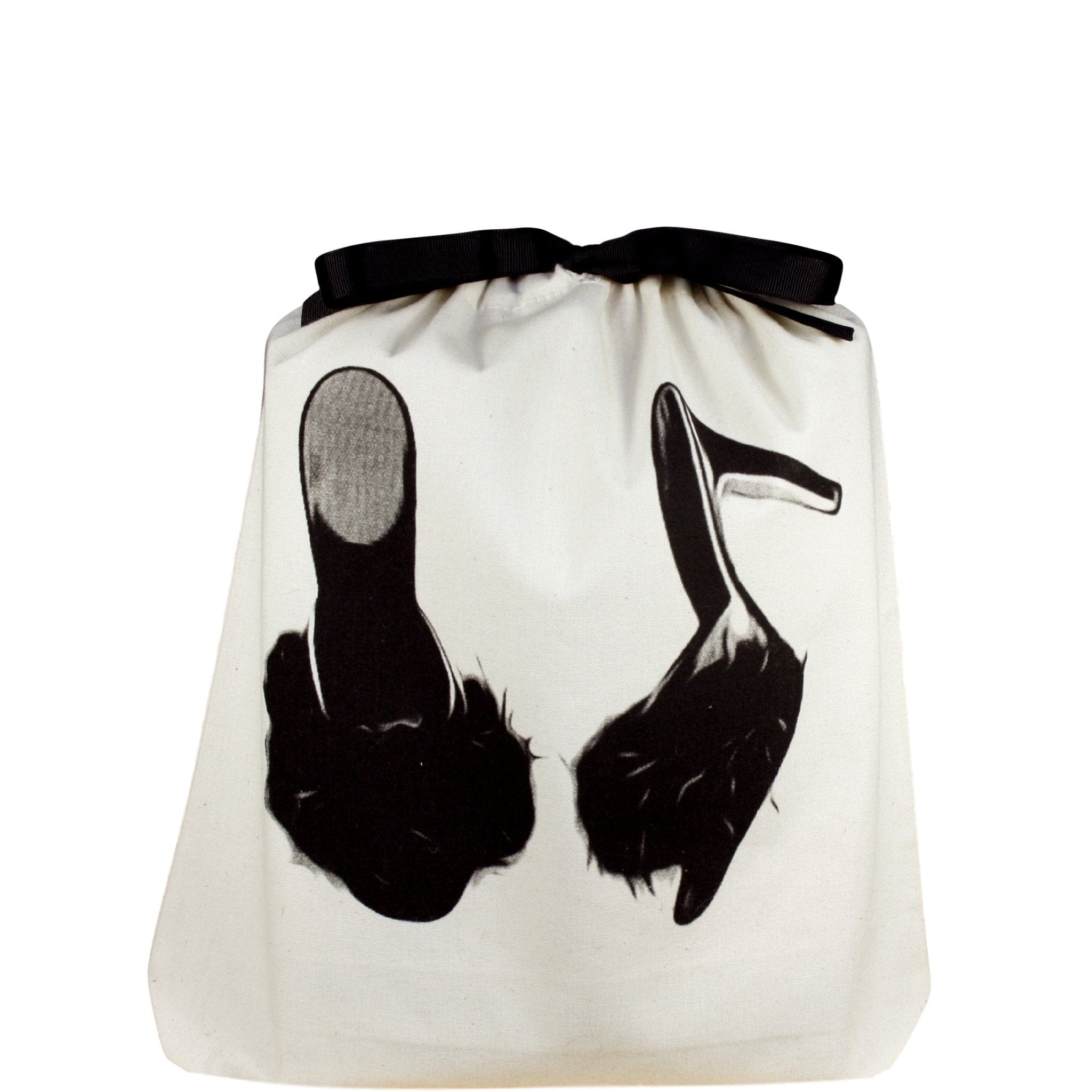 Bag-all Feather Slippers Shoe Bag in cream featuring black silhouette design of furry slippers, drawstring closure, perfect for storing and traveling with multiple pairs of slippers