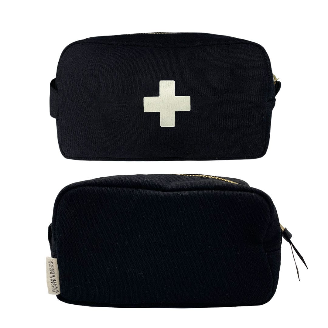 Bag-all First Aid Organizing Pouch in black cotton with white cross, striped interior lining, zipper closure - perfect for emergency essentials and travel medical storage