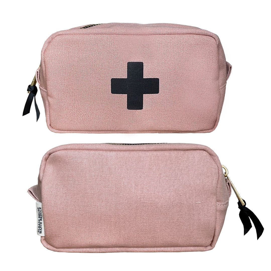 Bag-all First Aid Organizing Pouch in blush pink cotton with black medical cross, laminated interior, zipper closure, perfect for organizing medical essentials and travel