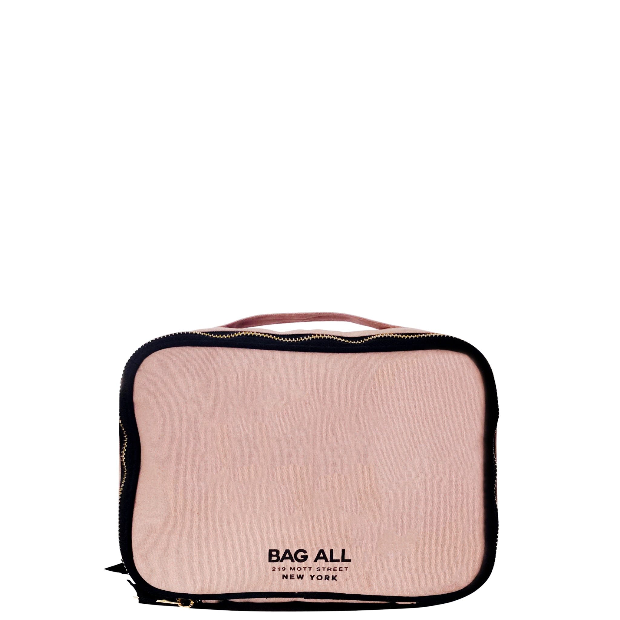 Bag-all Double Sided Toiletry Case in Pink/Blush with black piping, dual zippers, and carrying handle. Cotton organizing case with laminated interior and elastic bands for travel essentials.