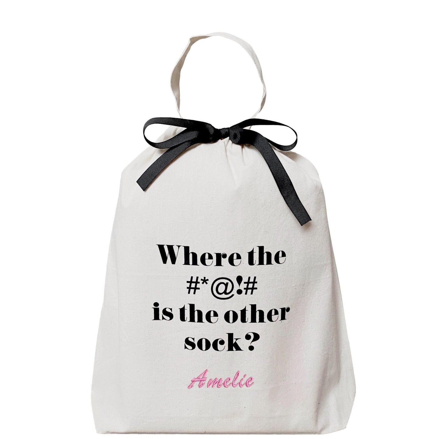Bag-all Where The Sock Bag in cream cotton with black bow and fun text print, featuring personalized name in pink, perfect for organizing missing socks