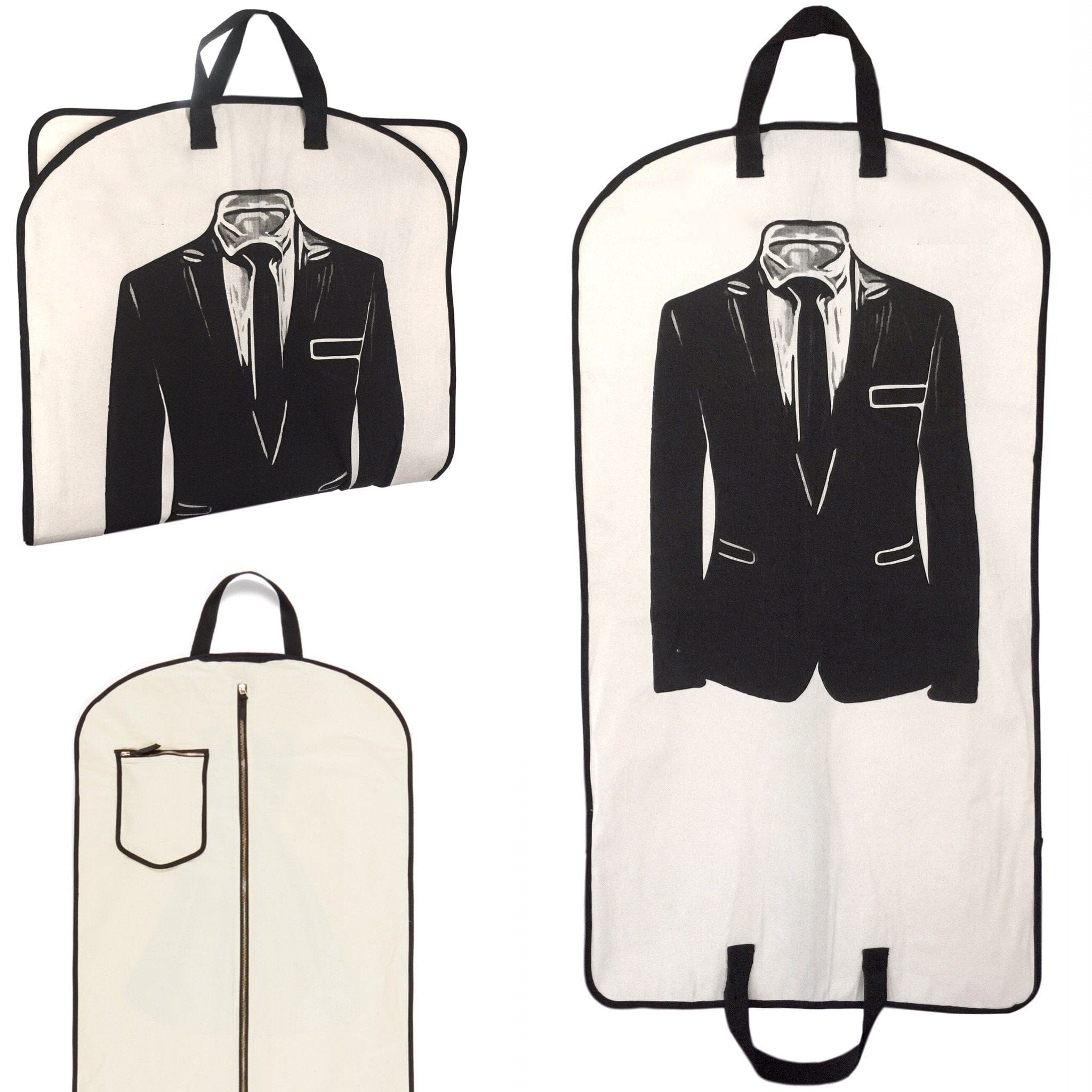 Bag-all Men's Suit Garment Bag with Pocket in Cream - Premium cotton travel organizer with stylish suit silhouette print, dual handles, and convenient storage pocket for accessories