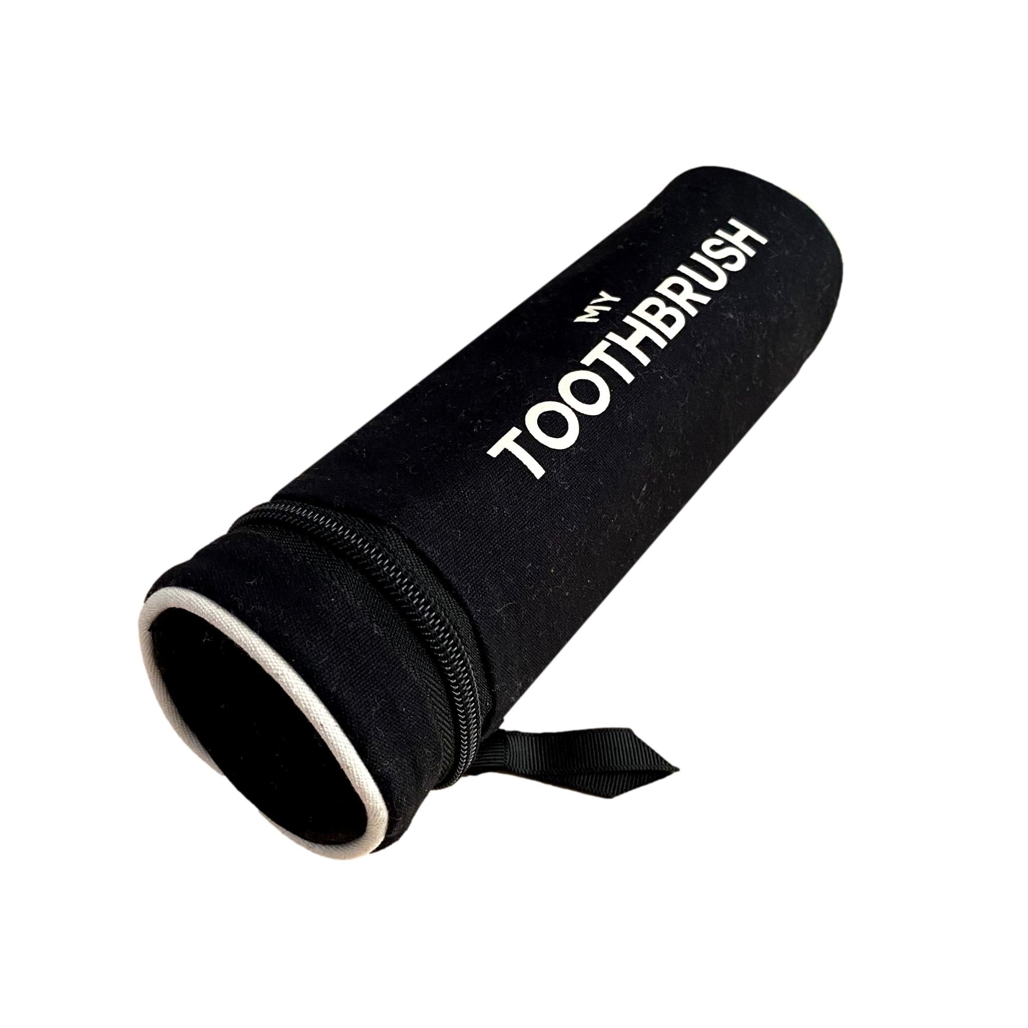 Bag-all Black Toothbrush Travel Case - cylindrical cotton organizer with zipper closure, fits 5 toothbrushes and toothpaste, features white text print