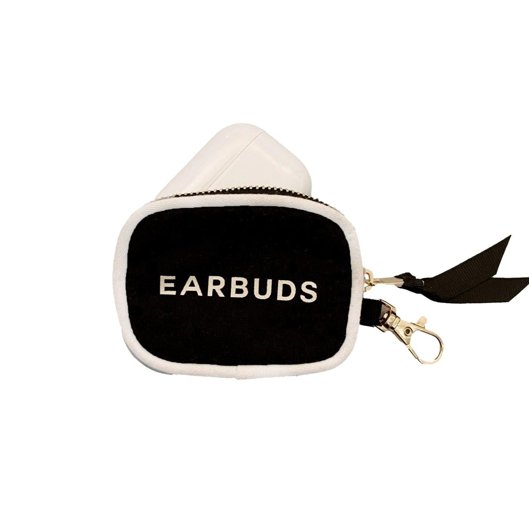 Bag-all Black Mini Earbud Case with gold clasp and zipper, featuring white piping and EARBUDS text, perfect for protecting and organizing AirPods and earphones