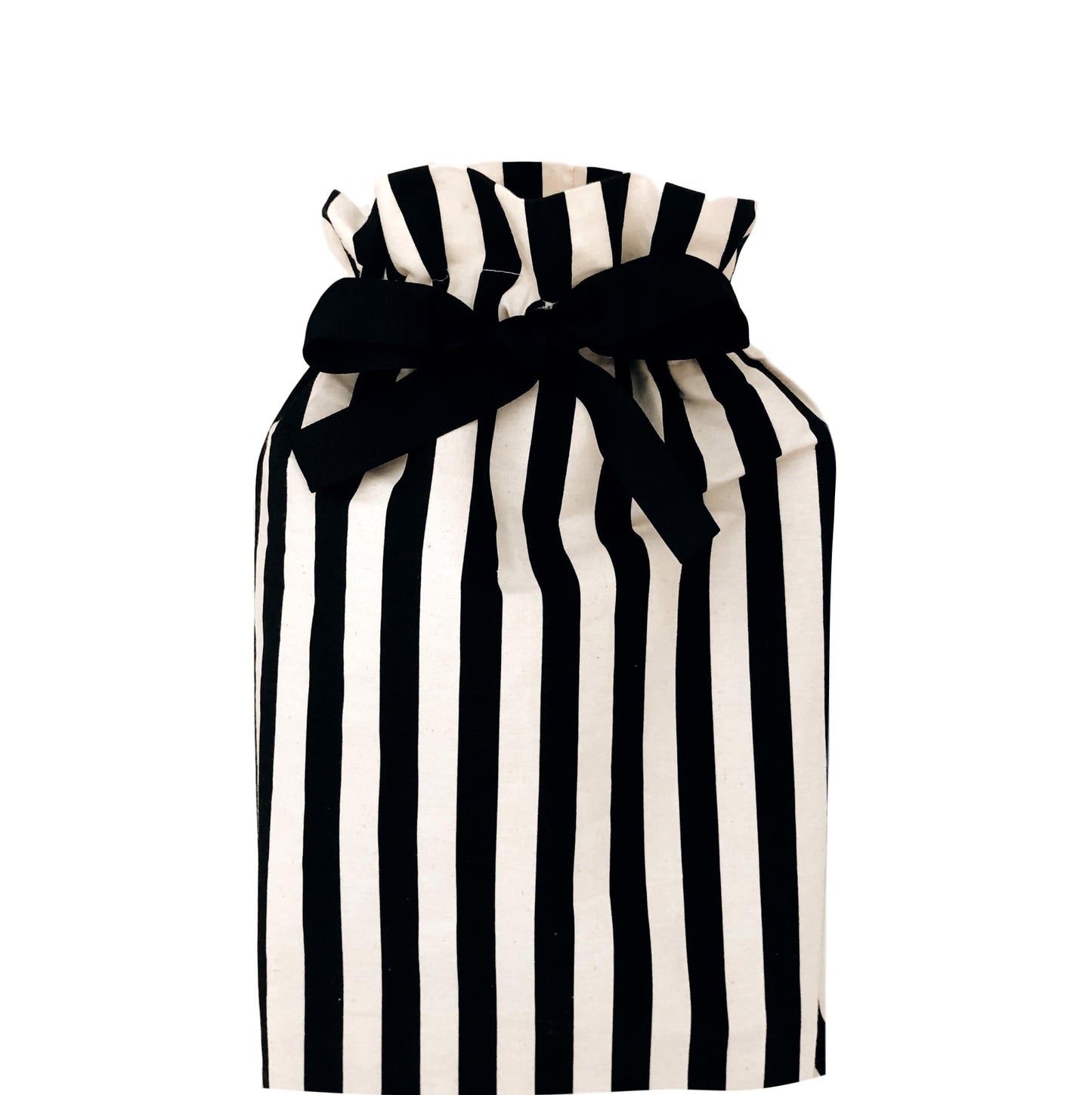 Bag-all Gift Bag Striped Medium - Reusable cotton gift bag with classic black and white vertical stripes and elegant black bow closure, perfect for sustainable gift wrapping