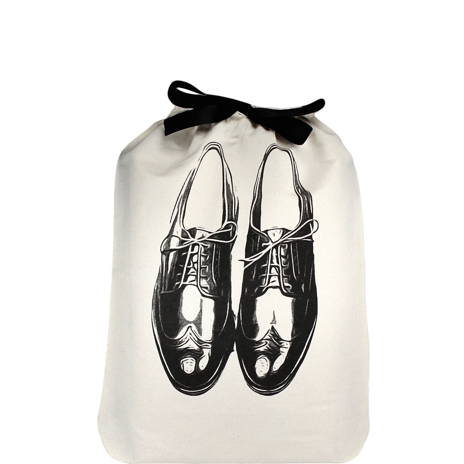 Bag-all Men's Shoe Bag in cream with elegant black oxford shoe illustration, featuring black ribbon closure and classic monochrome design for stylish footwear storage