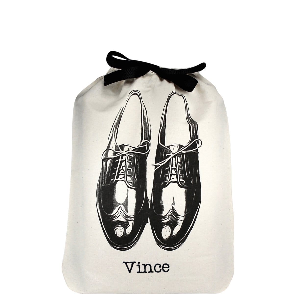 Bag-all Men's Shoe Bag in cream with black dress shoe illustration and black ribbon tie, featuring customizable monogram name Vince. Premium cotton storage solution for footwear protection