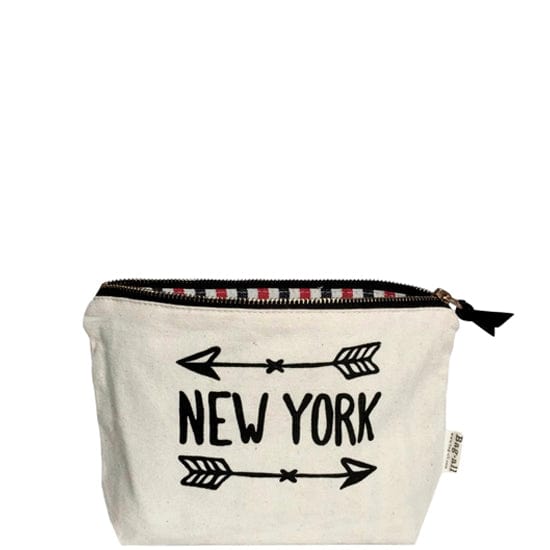Bag-all New York Arrow Pouch in cream canvas with black arrow design and striped lining, featuring metal zipper - stylish travel organizer and souvenir