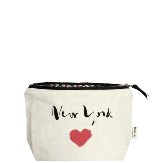 Bag-all New York Heart Pouch in cream canvas with handprinted design, striped interior lining and metal zipper, perfect for organizing essentials