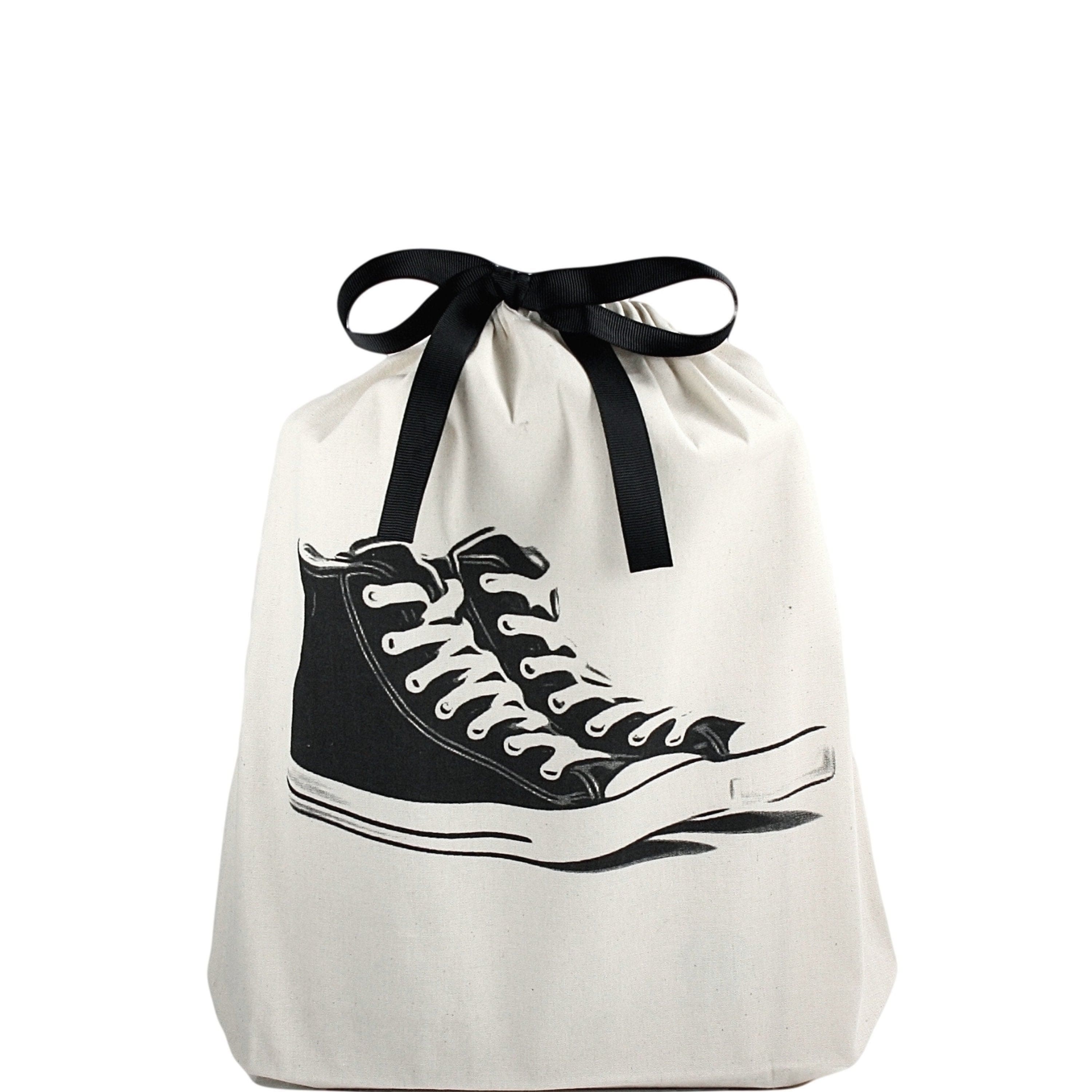 Sneakers Shoe Bag, 3./4 view sneakers printed on front, black ribbon