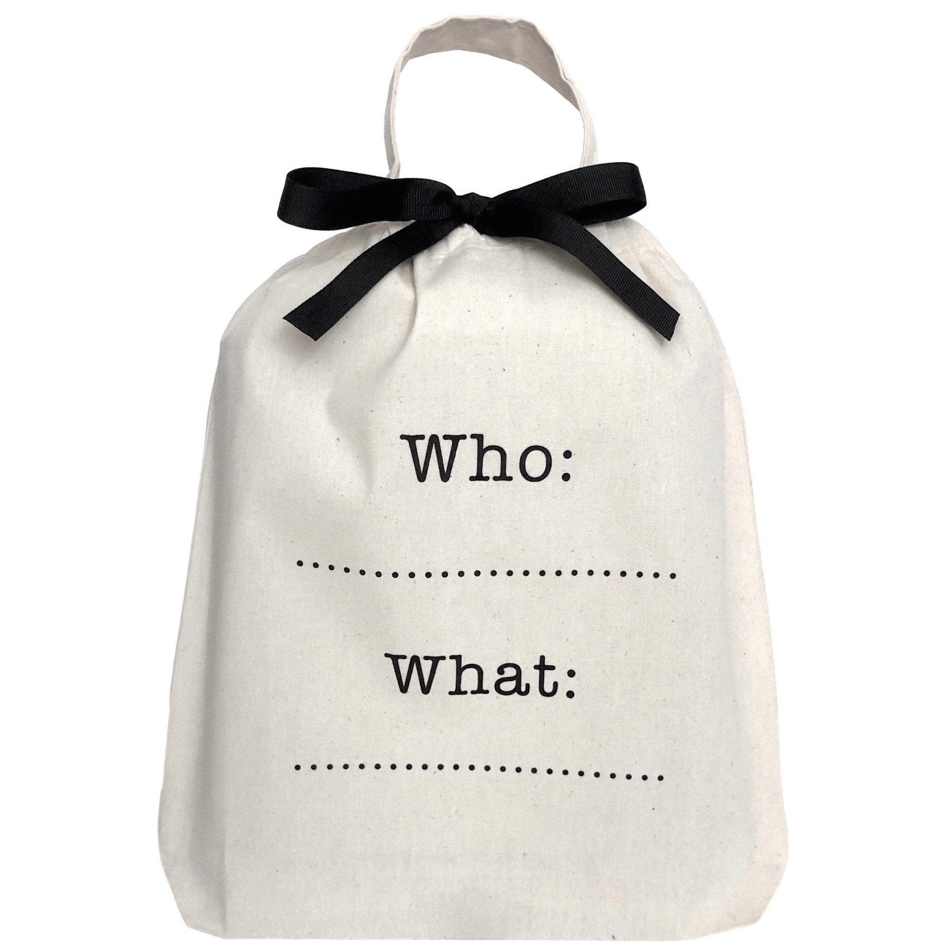 Bag-all Who What Bag in cream cotton with black bow and customizable text lines for personal organization and monogramming from Bag-all collection