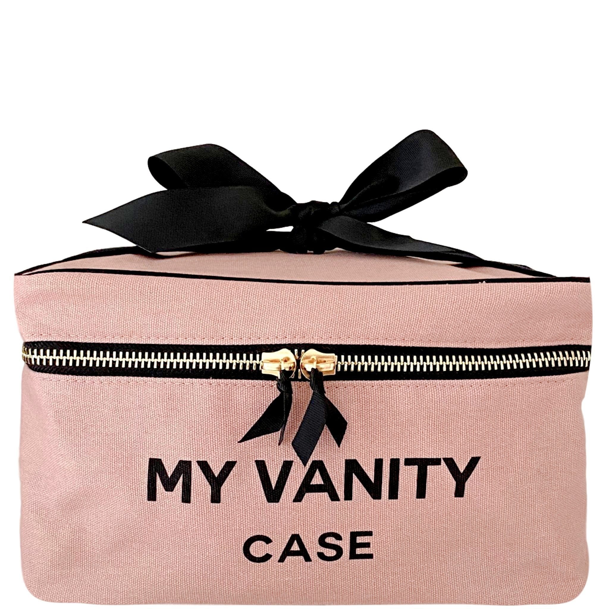 Bag-all My Vanity Large Beauty Box in pink with black bow and zipper, stylish makeup storage case with removable grosgrain ribbon perfect for travel and organization