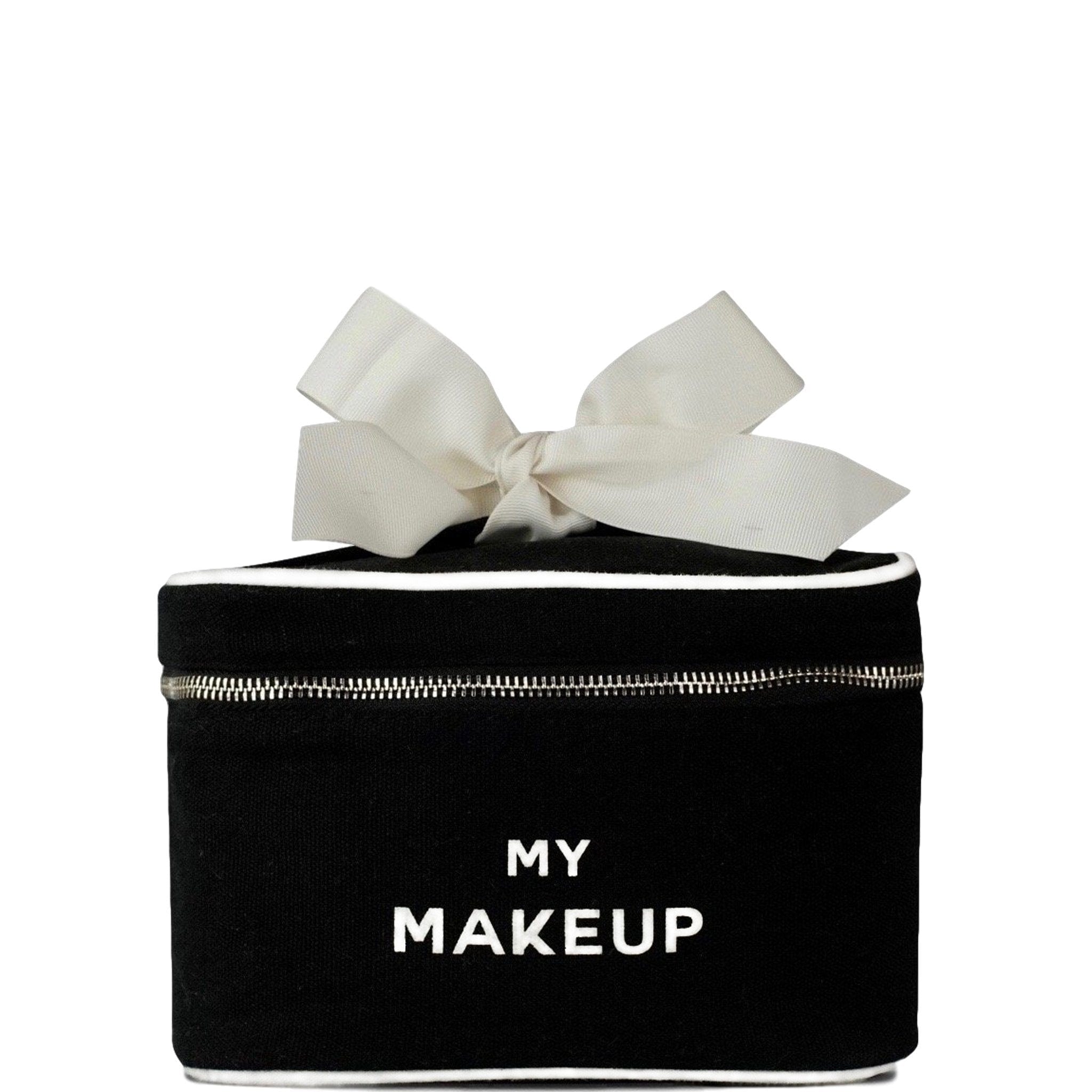Bag-all My Makeup Cosmetic Box in black canvas with white bow and zipper detail, featuring waterproof interior and square design for organized beauty storage