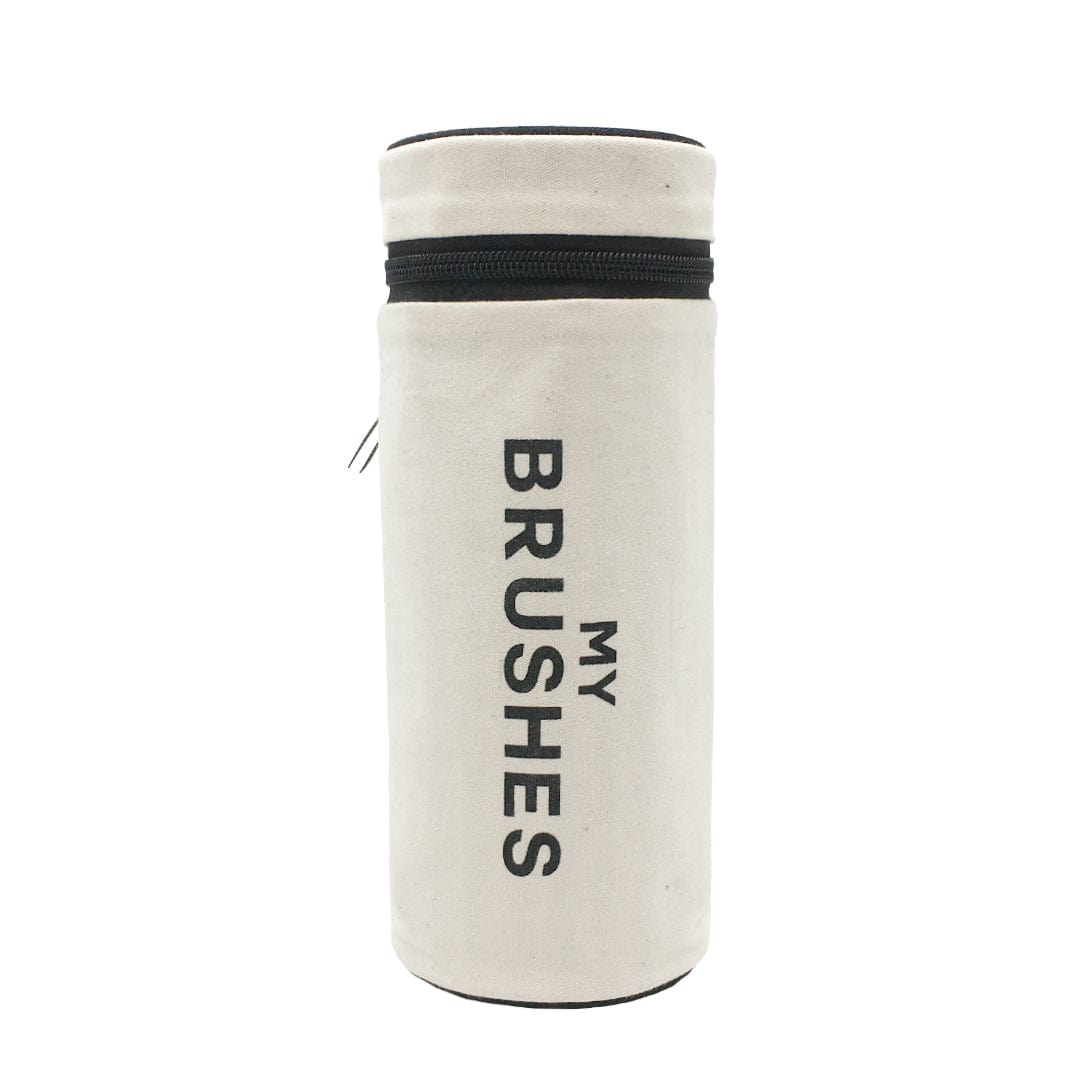 Bag-all Cream Cylinder Brushes Case - Stylish cotton makeup brush organizer with black zipper and text print, perfect for travel and storage