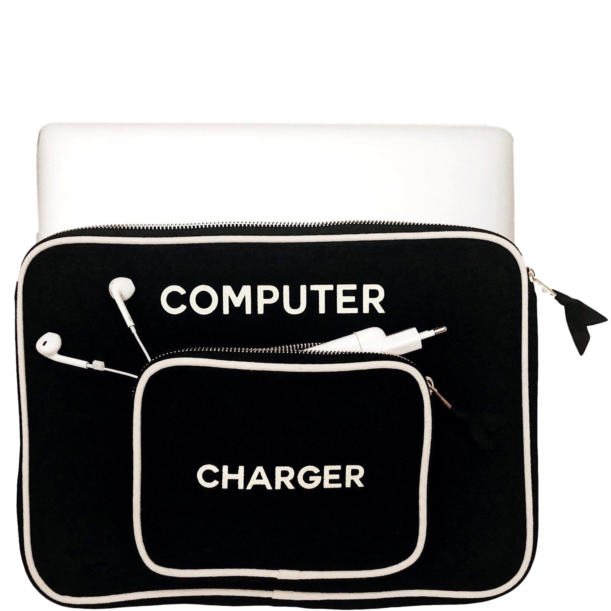 Bag-all Black Laptop Case 15" with charger pocket featuring white text labels, gold zipper details, and contrasting white trim - stylish protective sleeve for electronics