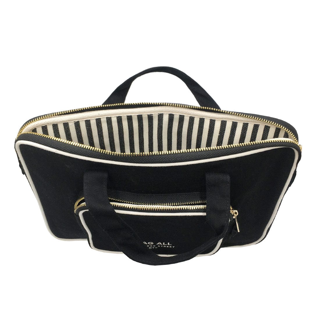 Bag-all Black Laptop Case 13" with striped interior, double handles, charger pocket and padded protection for laptops up to 13 inches