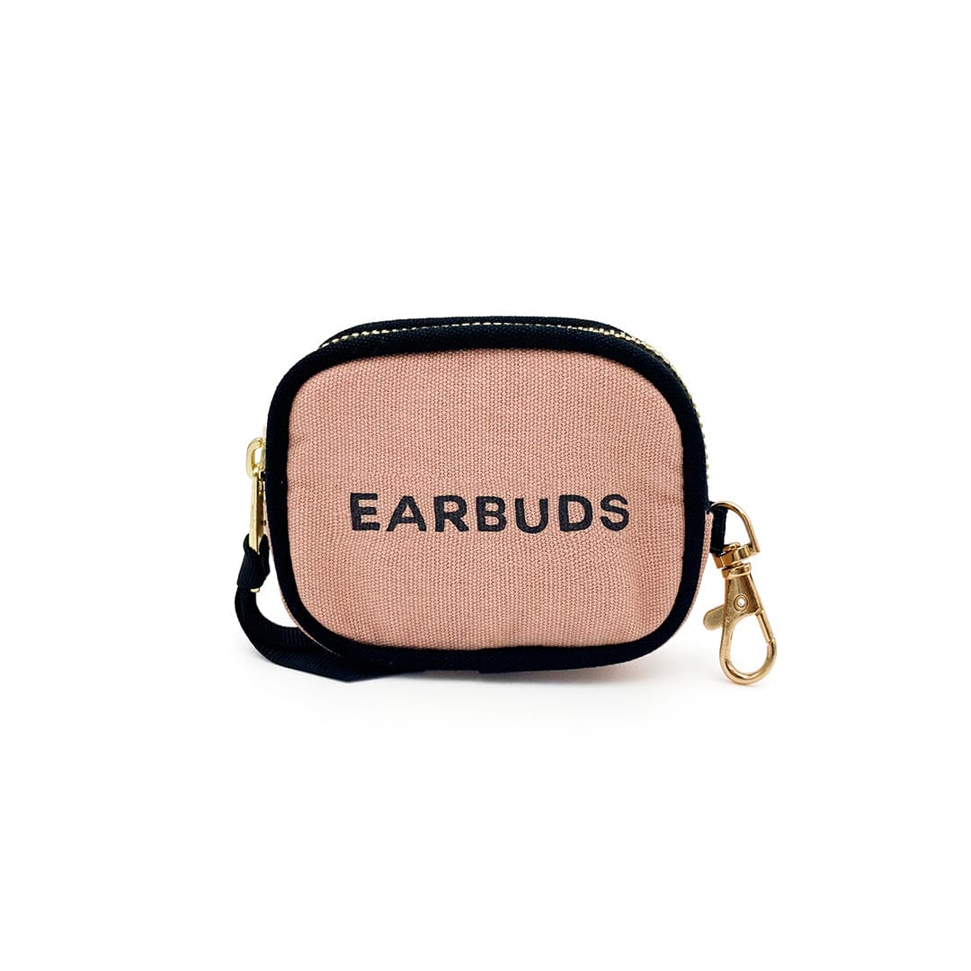 Bag-all Pink Earbuds Case with gold clasp, black piping, and zipper closure - protective cotton case for AirPods featuring embroidered EARBUDS text