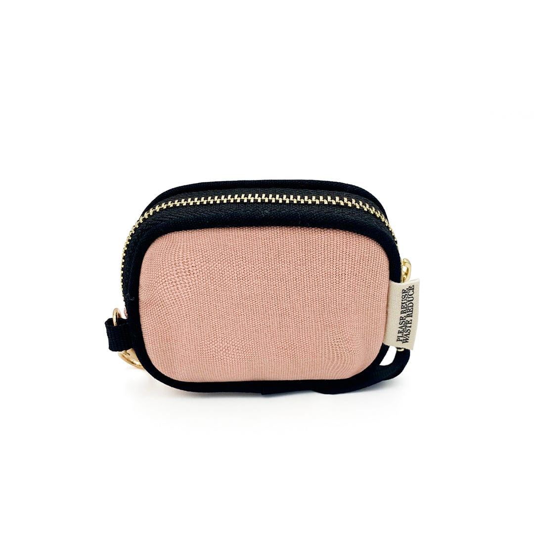 Bag-all Pink Earbuds Case with gold clasp and zipper - Cotton protective case for AirPods featuring black trim and secure attachment loop