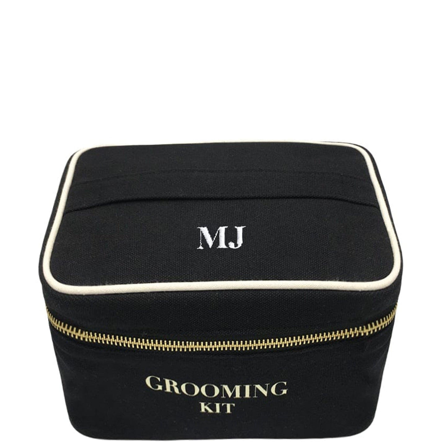 Bag-all Black Grooming Kit Box with monogram MJ, cotton travel organizer with gold zipper and white trim for personal care essentials