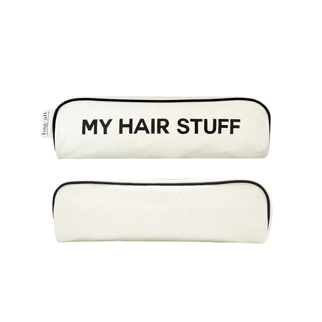 Bag-all Hair Stuff Travel Case in cream - stylish cotton organizer with black trim and text 'MY HAIR STUFF', perfect for storing hair tools and accessories