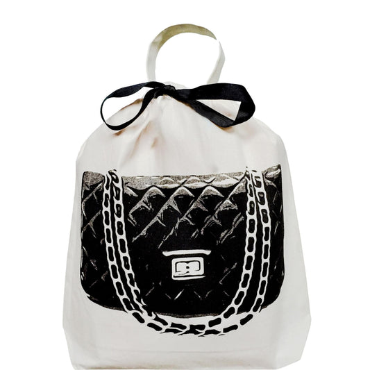 Bag-all Quilted Handbag Travel Bag in Cream featuring black quilted designer bag print with chain strap design, protective storage solution with elegant black bow accent