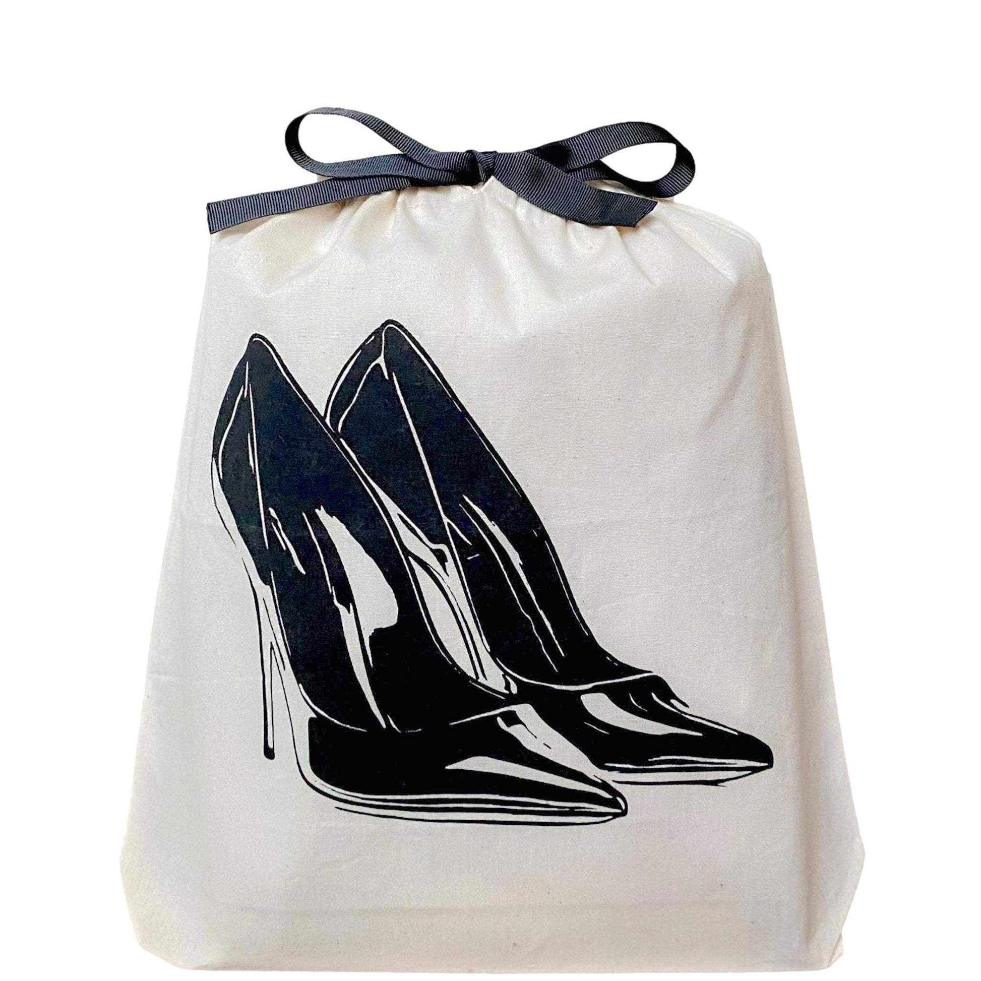 Bag-all High Heel Pumps Shoe Bag in cream canvas with black stiletto print and drawstring closure, perfect for protecting designer heels during travel and storage