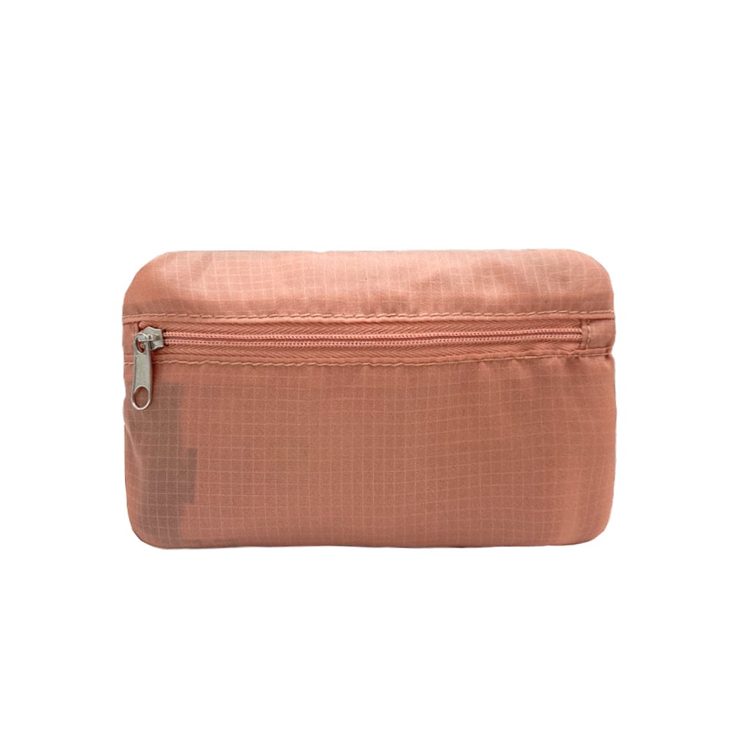 Bag-all Folding Shopping Bag zipper pocket pouch in dusty pink nylon, compact storage design with secure zip closure, eco-friendly reusable shopping tote