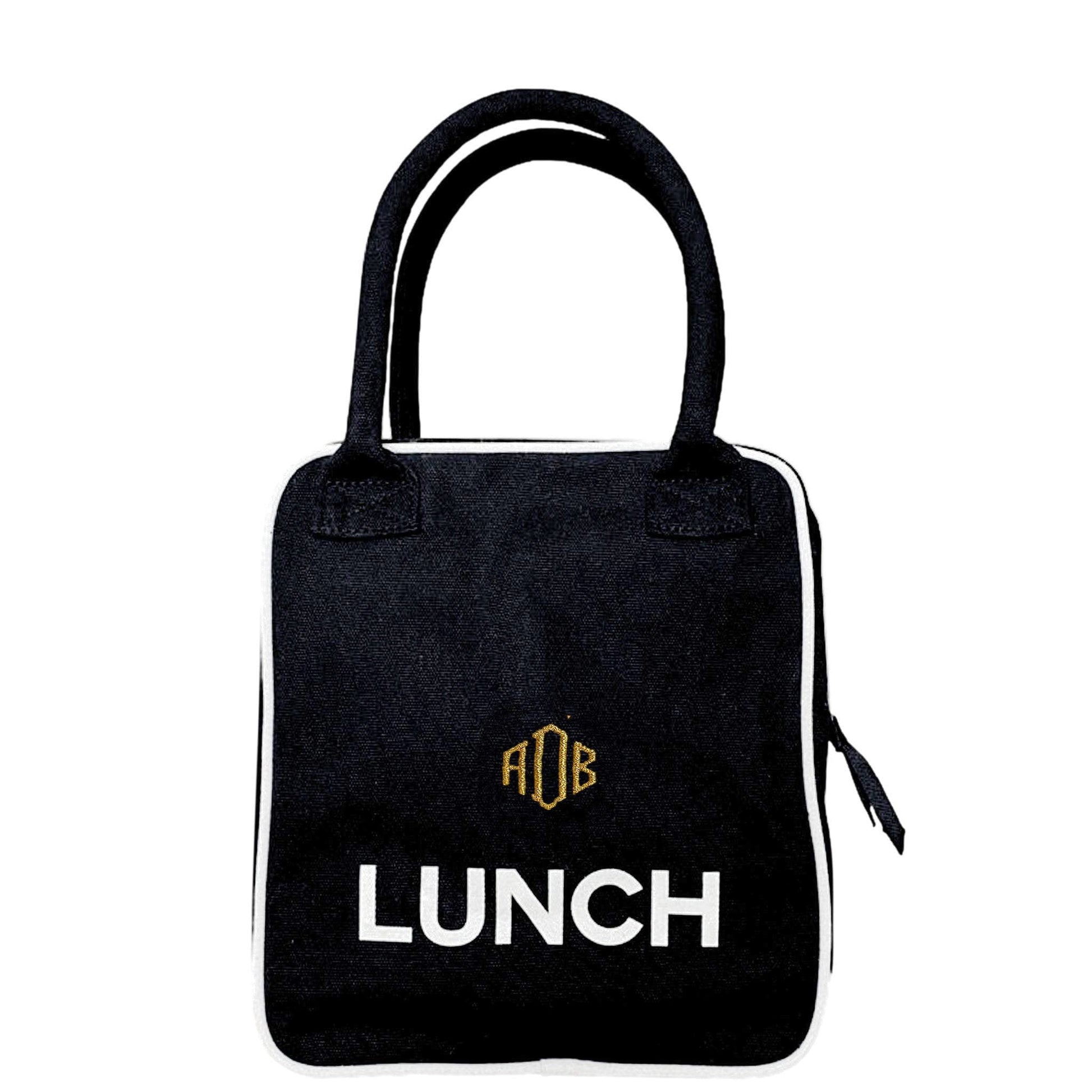 Bag-all Black Insulated Lunch Box with white piping and LUNCH text, featuring padded handle and monogram detail, perfect for office or school meals