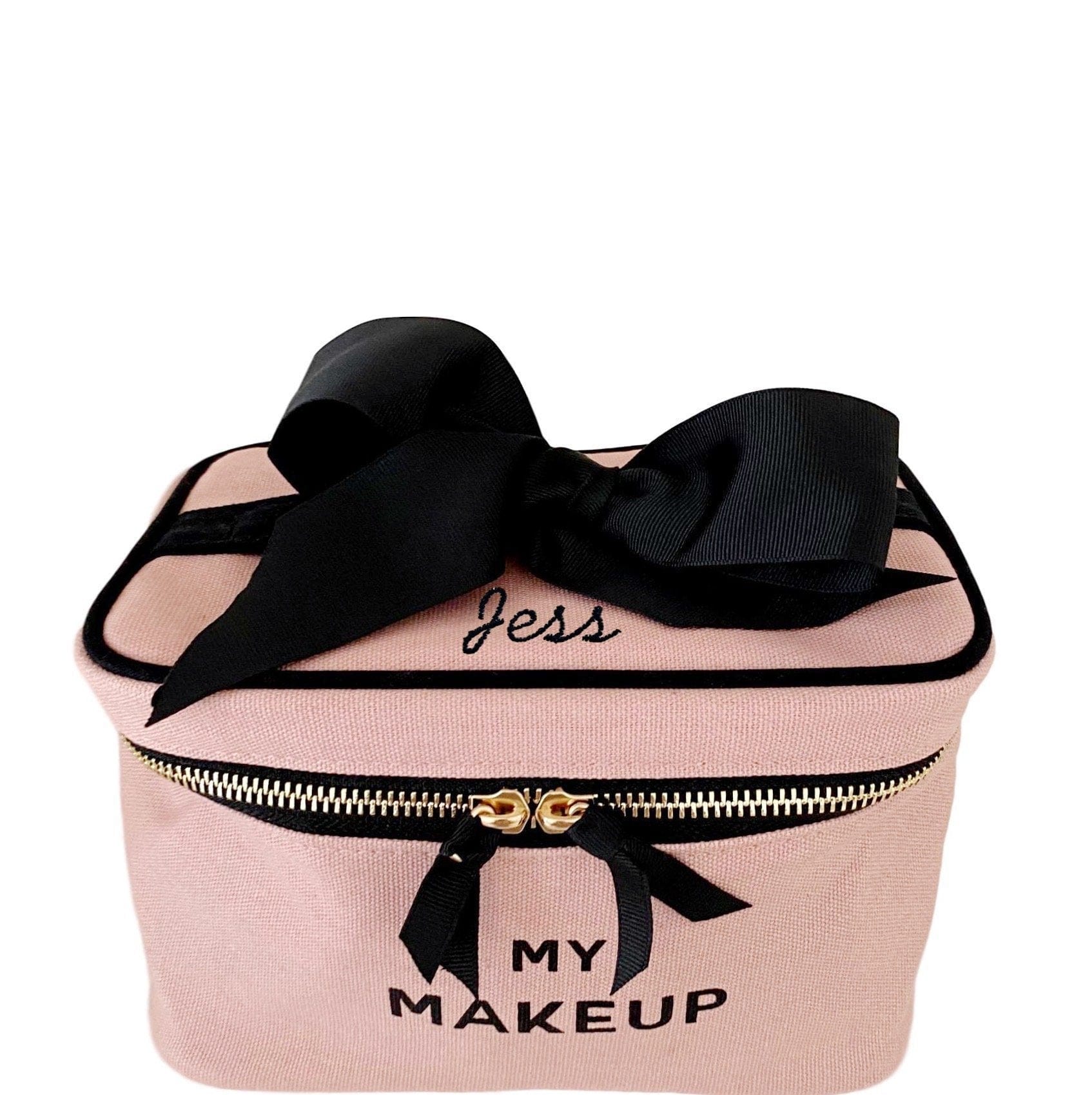 Bag-all My Makeup Cosmetic Box in blush pink with black bow, personalized name Jess, gold zipper detail, perfect for organizing beauty essentials