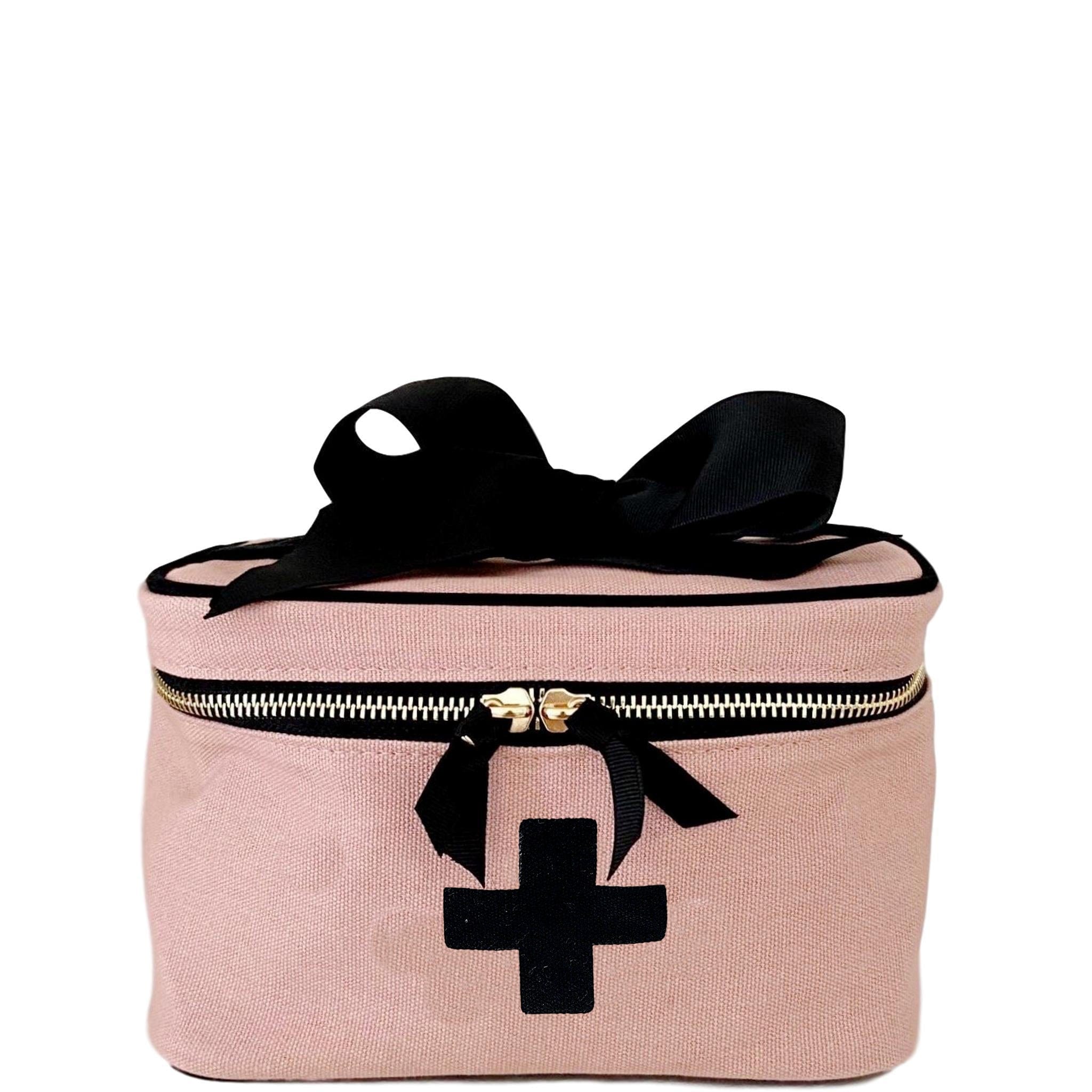 Bag-all Pink First Aid Storage Box with black cross design, black bow accent, zipper closure and carrying handle - Meds and First Aid organizer in cotton canvas