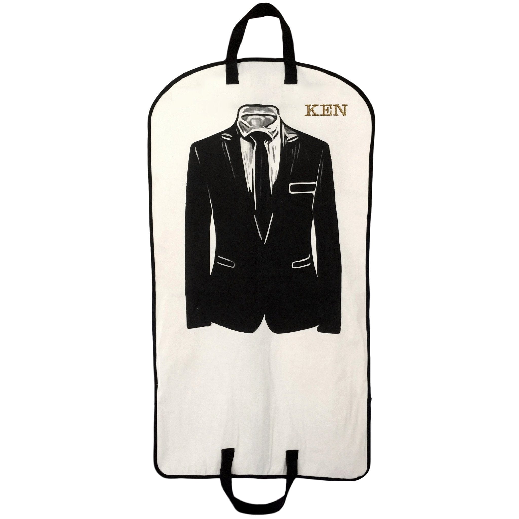 Bag-all Men's Suit Garment Bag with Pocket in Cream featuring black suit design, dual handles, zipper closure, and back pocket for accessories. Personalized with 'KEN' monogram.