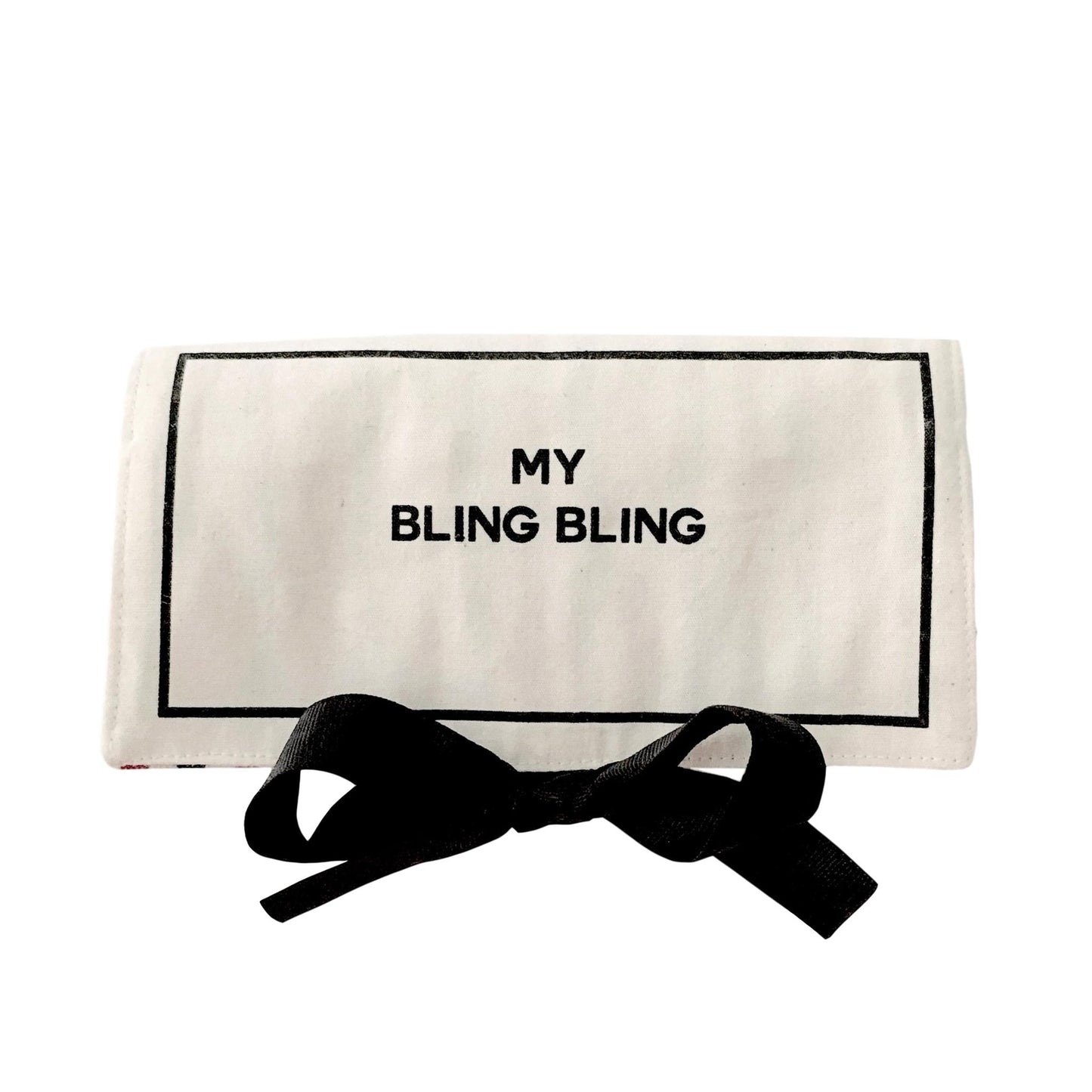 Bag-all Jewelry Organizer Travel Pouch in cream cotton with black bow and 'My Bling Bling' text, featuring multiple compartments for jewelry storage and organization