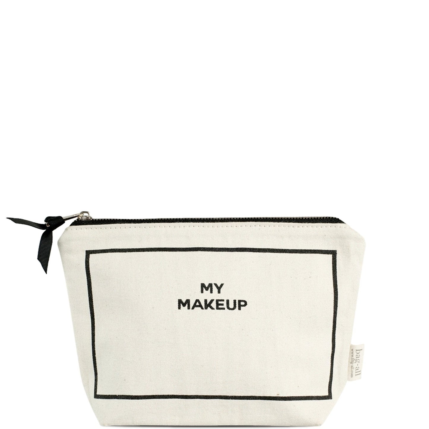 Bag-all Deal Gift Set for Her featuring cream cotton makeup case with black text, zippered top, and bow detail. Stylish organizer for beauty essentials.