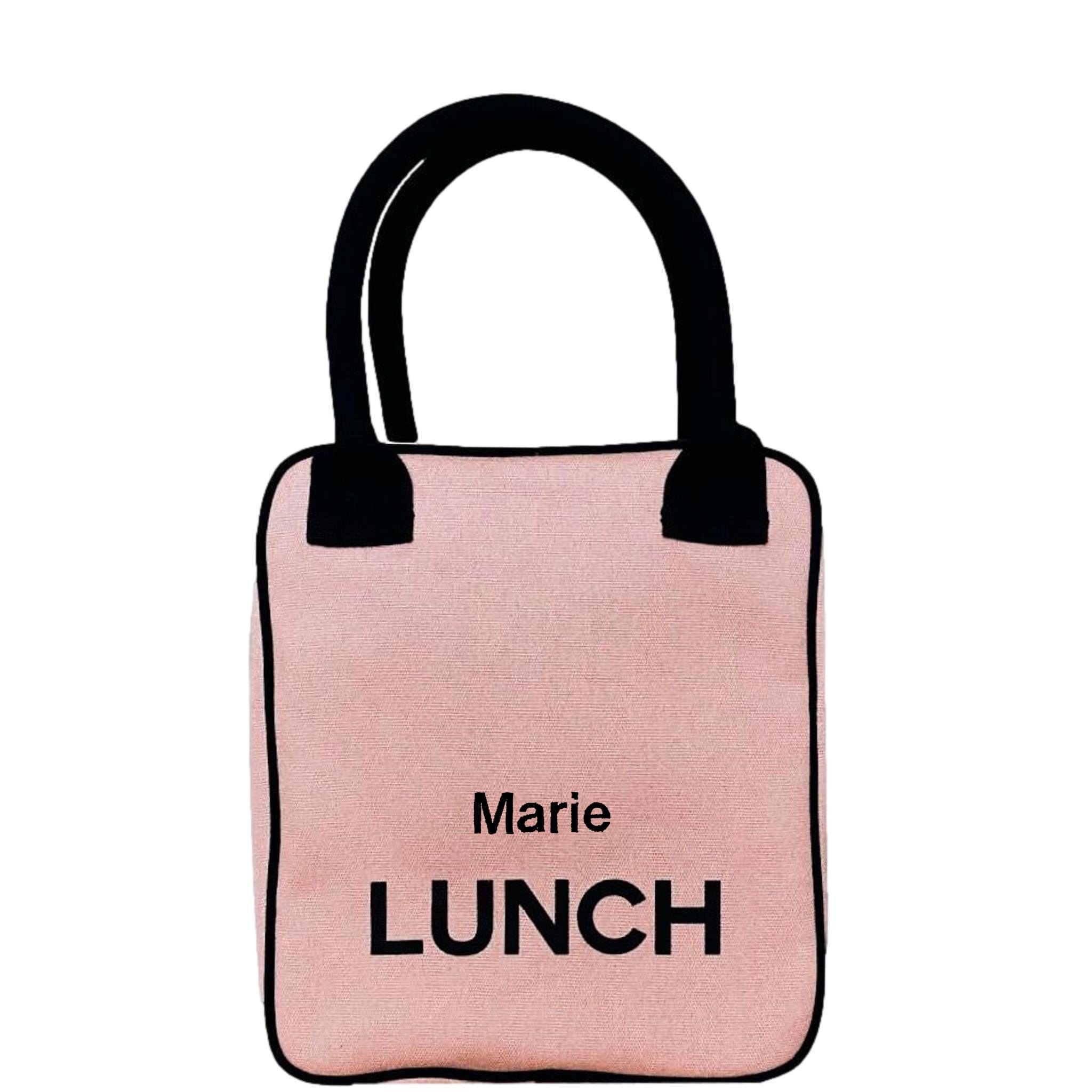 Bag-all Insulated Lunch Box in blush pink with black handles and text, featuring personalized name Marie, perfect for work or school meals