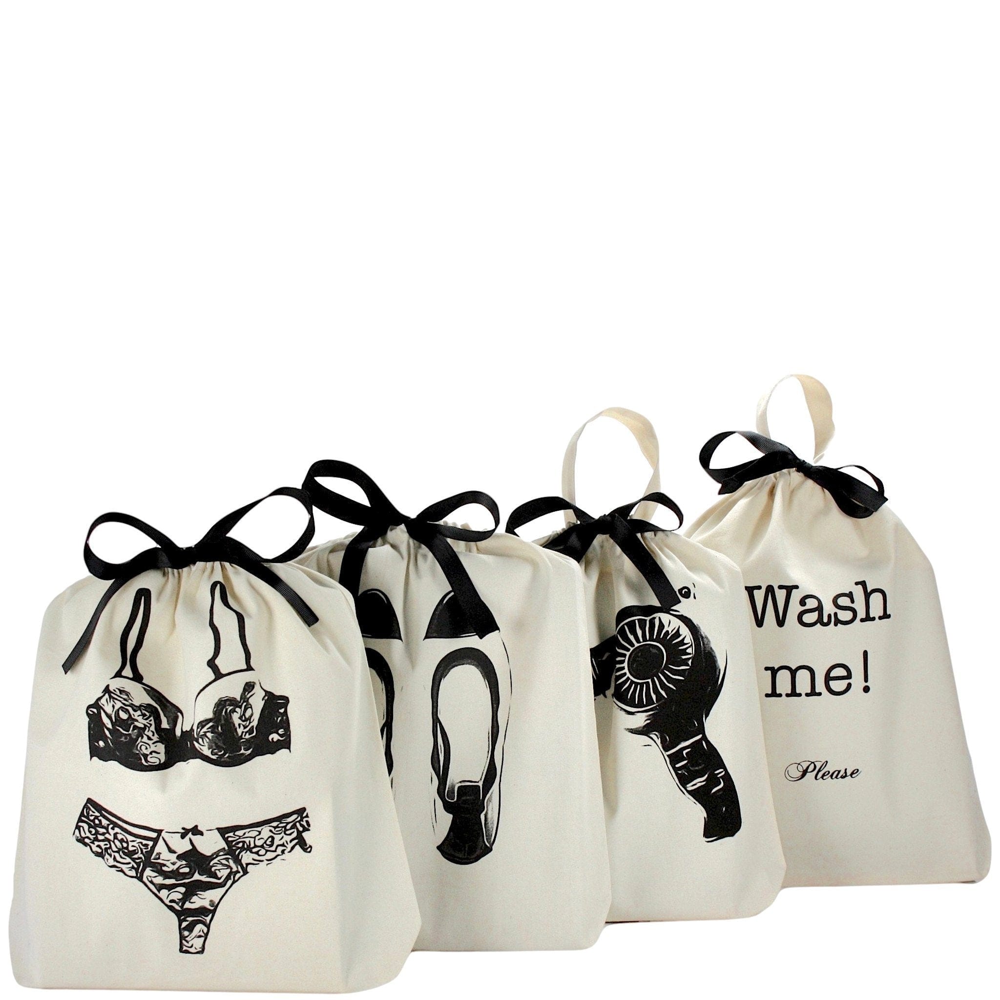 Bag-all Women's Travel Set 4-pack in cream featuring lingerie, ballet flat, hairdryer, and wash me bags with black ribbon ties and stylish black prints