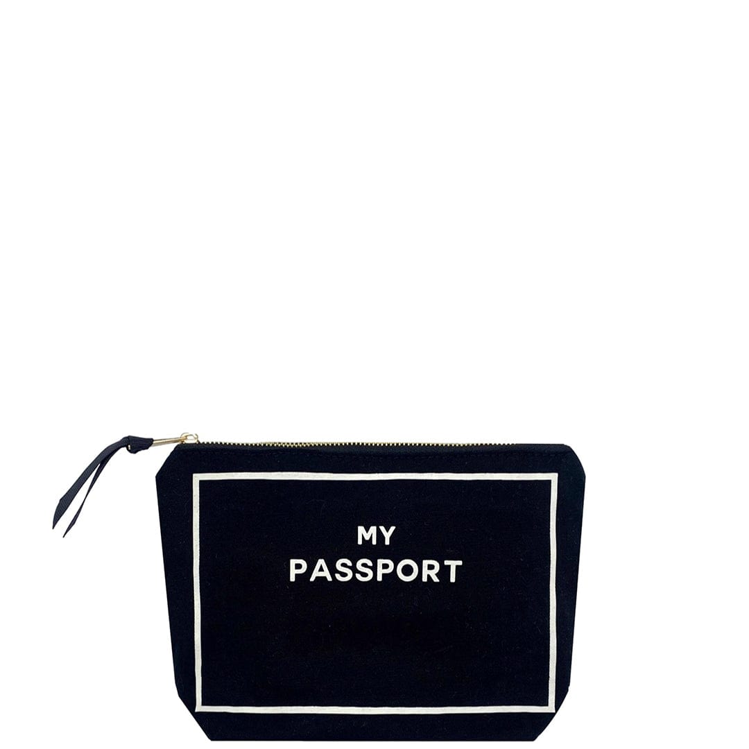 Bag-all Black Passport Pouch - Stylish cotton travel organizer with white border and text, featuring secure zipper closure for passports and travel essentials