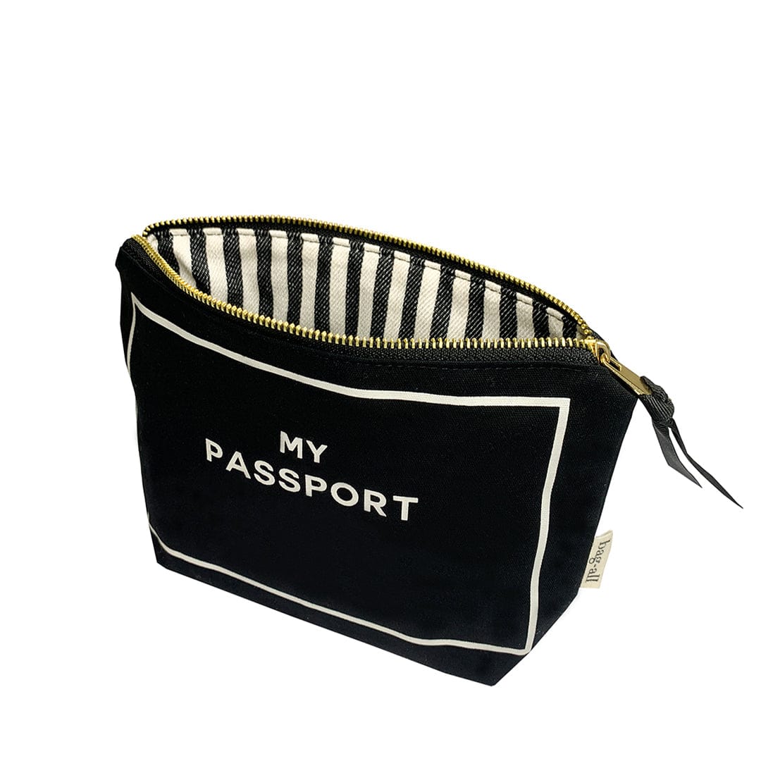 Bag-all Black Passport Pouch with striped interior lining, gold zipper, and "MY PASSPORT" text in white, perfect for travel document organization