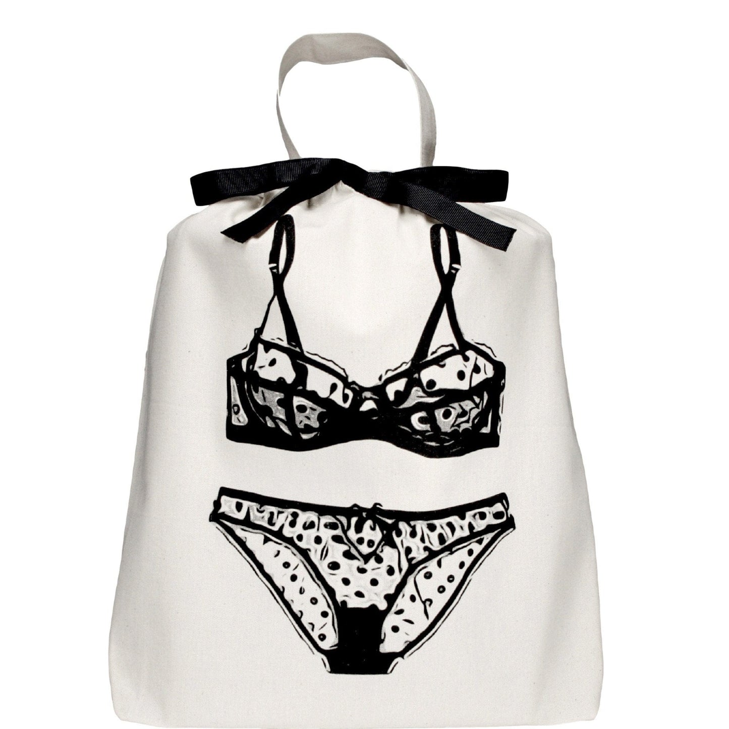 Bag-all Deal Gift Set Her Favorites features cotton lingerie bag with black lingerie illustration, black ribbon closure, and white handle, perfect for organizing intimates
