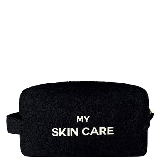 Bag-all My Skin Care Organizing Pouch in black with white text, waterproof interior, gold zipper, perfect for storing skincare products and travel essentials