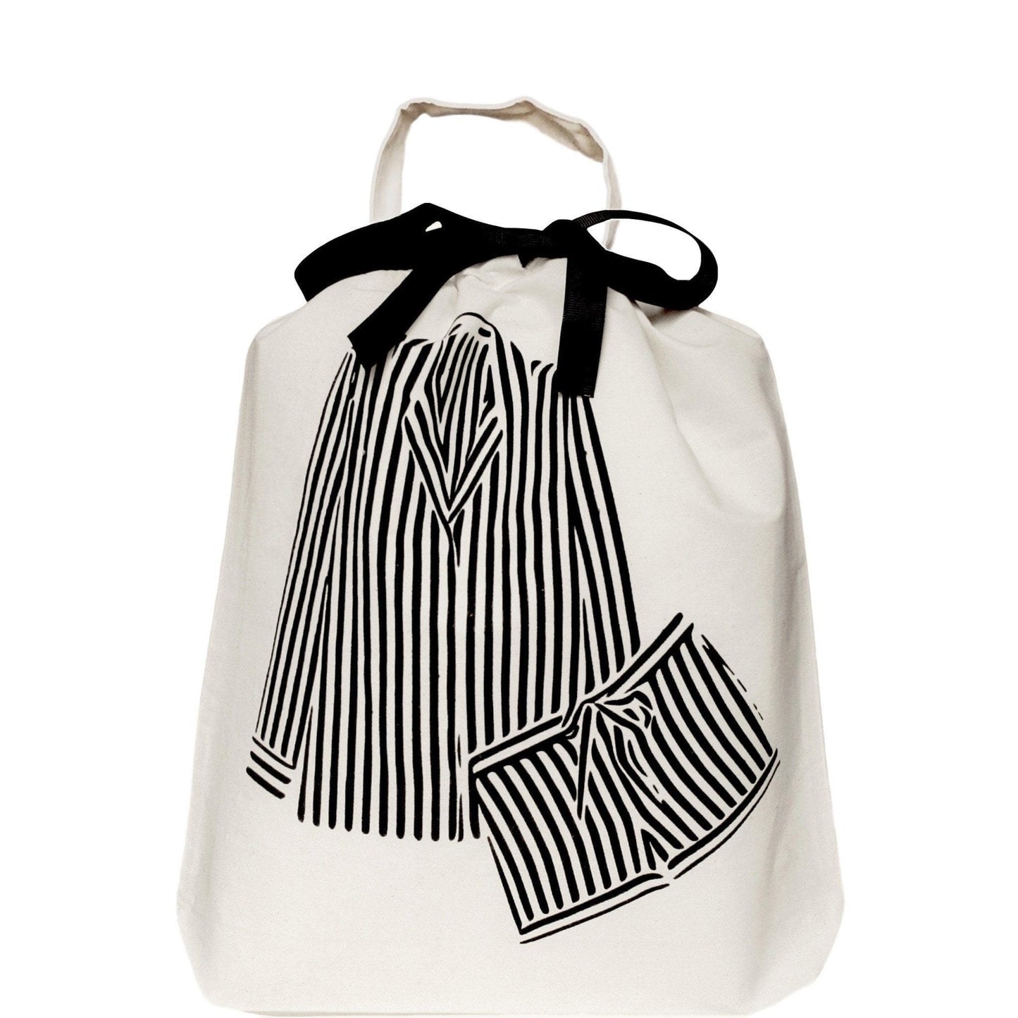 Bag-all Striped Pajamas Travel Bag in cream with black bow featuring illustrated black and white striped pajama set design for stylish travel organization