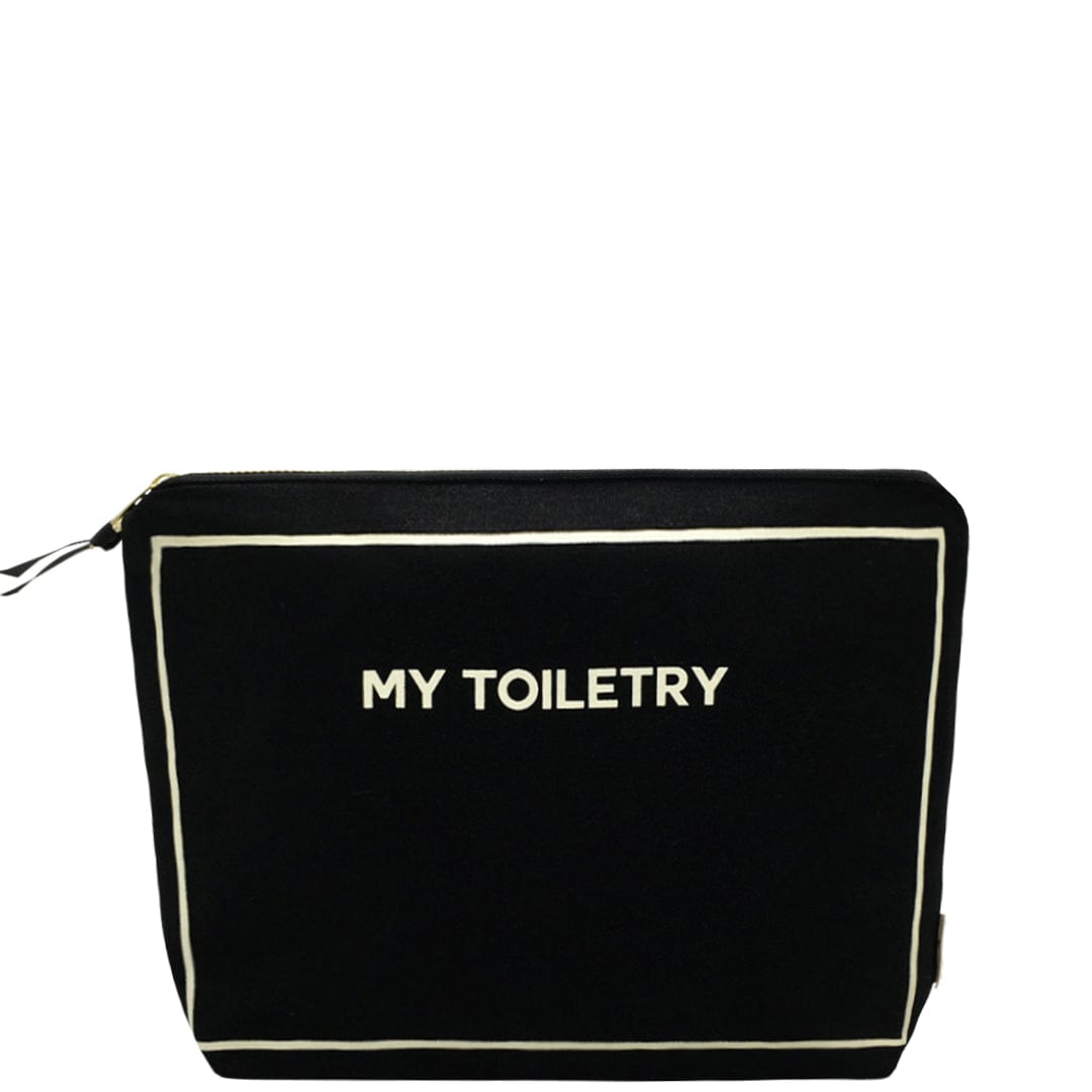 Bag-all Black Toiletry Pouch with Coated Lining - Cotton travel case featuring 'My Toiletry' text, waterproof interior, and metal zipper for organizing beauty essentials