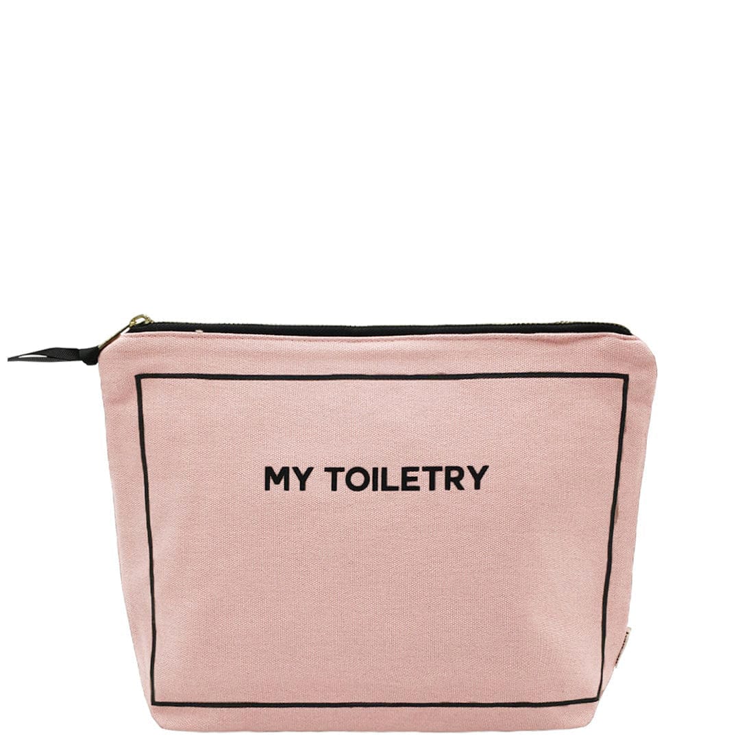 Bag-all Toiletry Pouch with waterproof lining in blush pink cotton, featuring black trim and 'My Toiletry' text, metal zipper closure, perfect for travel and bathroom organization