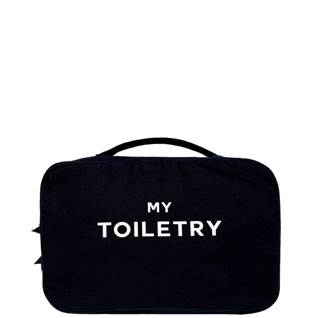 Bag-all Black Folding/Hanging Toiletry Case with 'MY TOILETRY' text in white, featuring three compartments and hanging hook for travel organization and storage