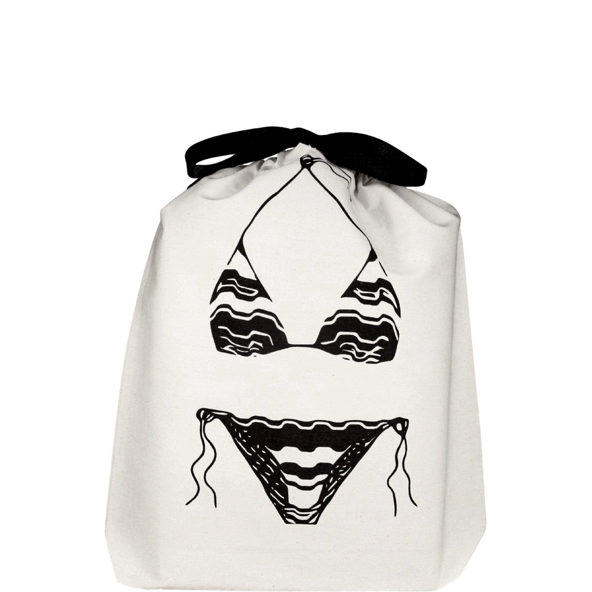 Bag-all Triangle Bikini Travel Bag in cream cotton with black bikini design print, drawstring closure, perfect for beach trips and swimwear organization